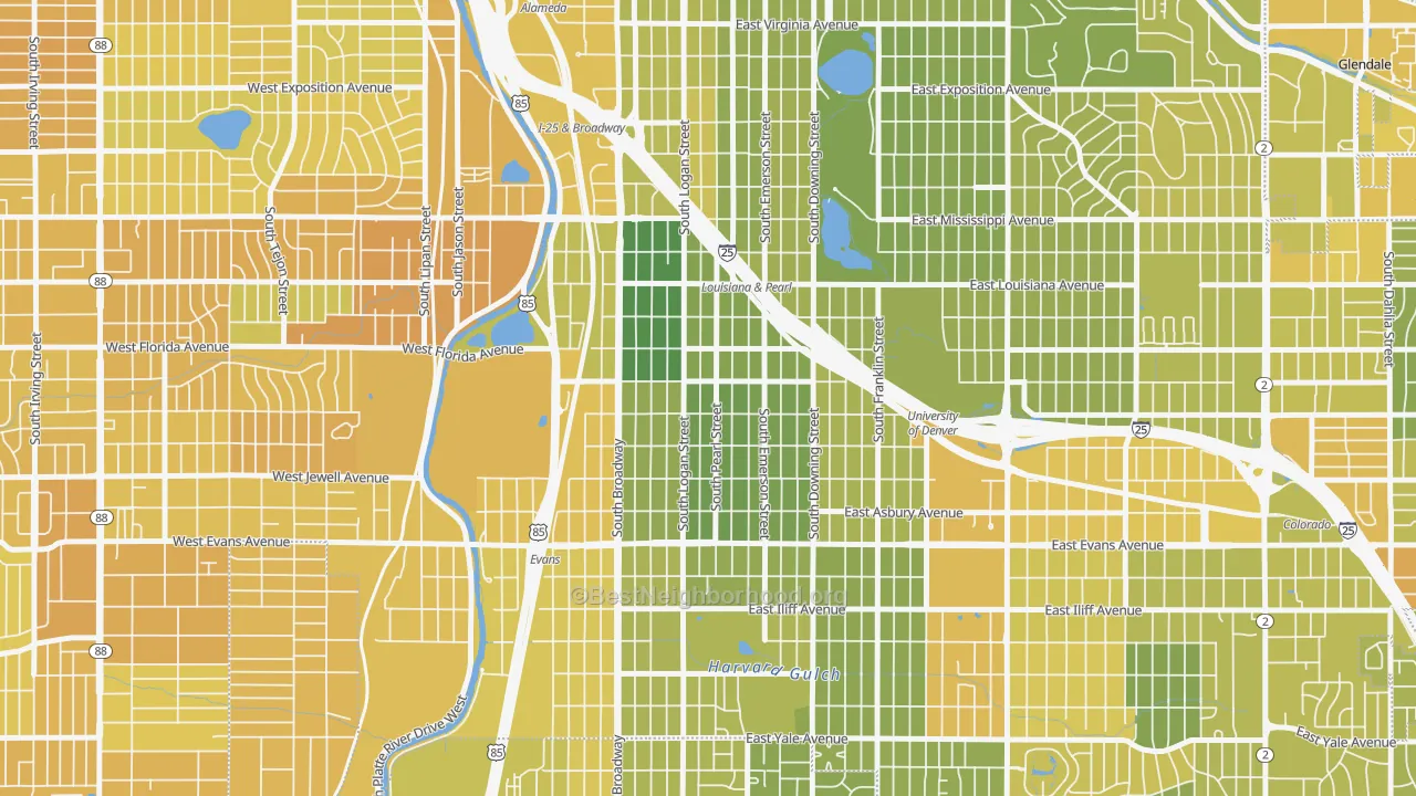 Map of the best neighborhoods in the Platt Park, Denver area, with better matches in green and worse matches in red