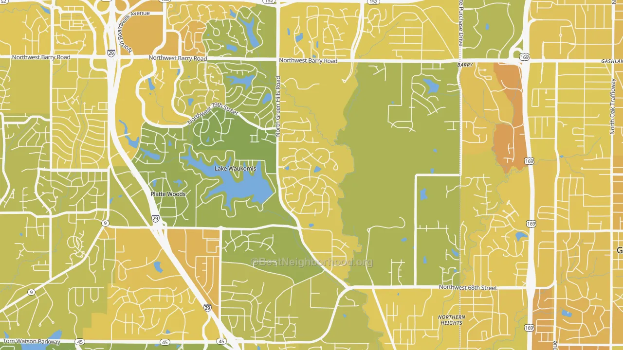 Map of the best neighborhoods in the Platte Brook North, Kansas City area, with better matches in green and worse matches in red