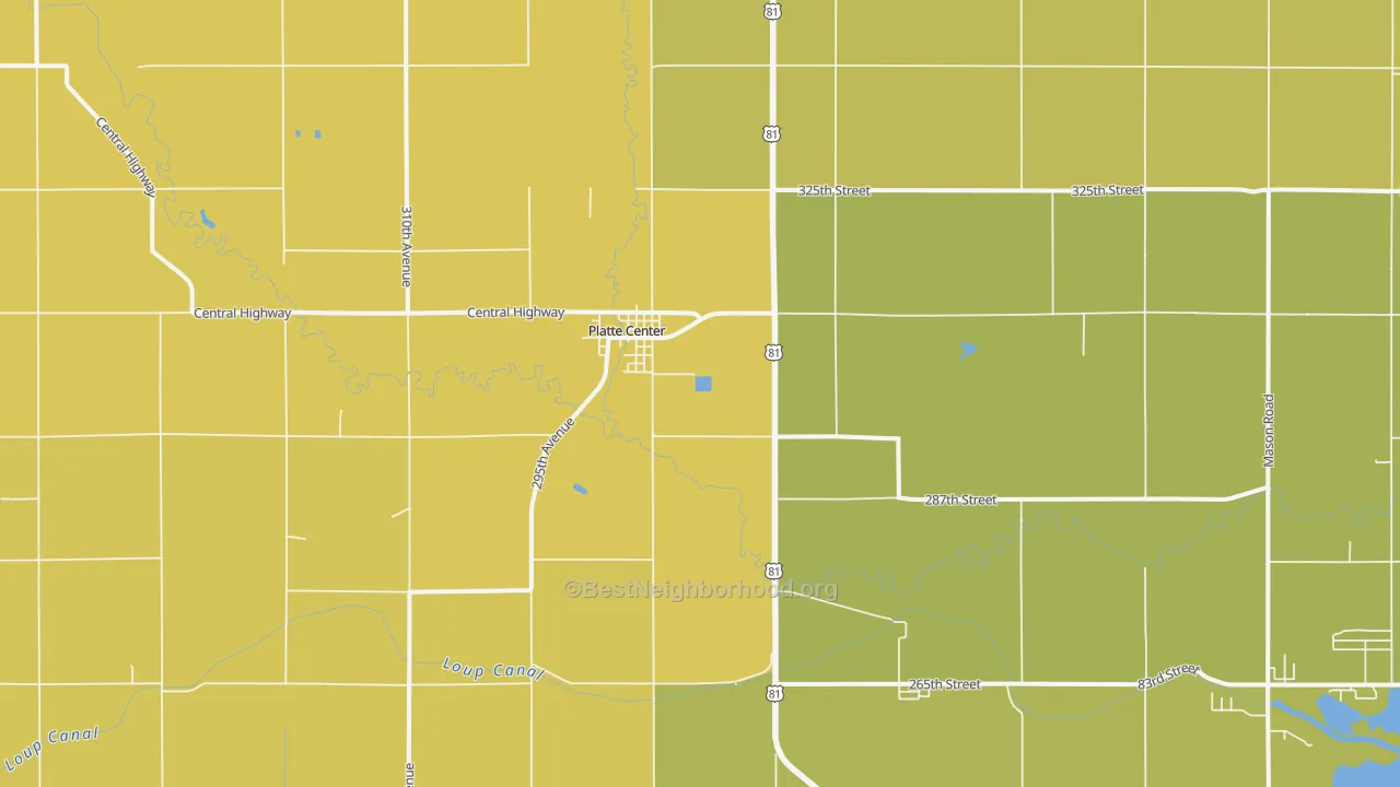 Map of the best neighborhoods in the Platte Center area, with better matches in green and worse matches in red