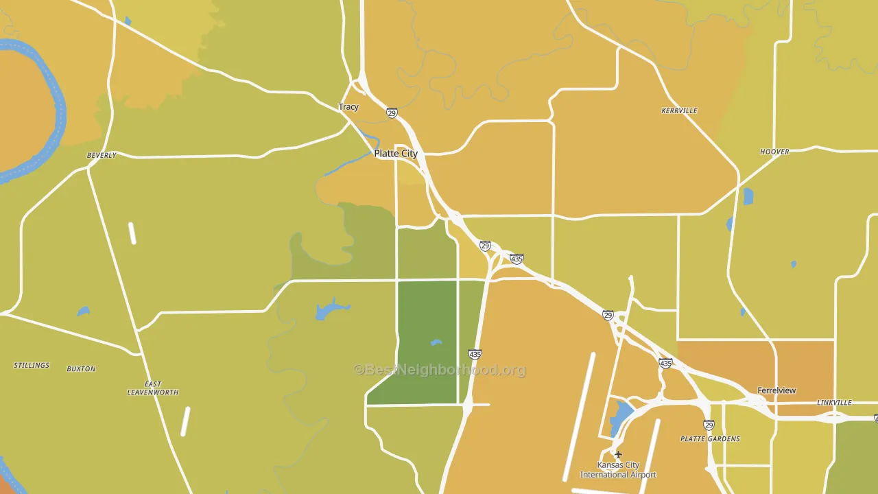 Map of the best neighborhoods in the Platte City area, with better matches in green and worse matches in red