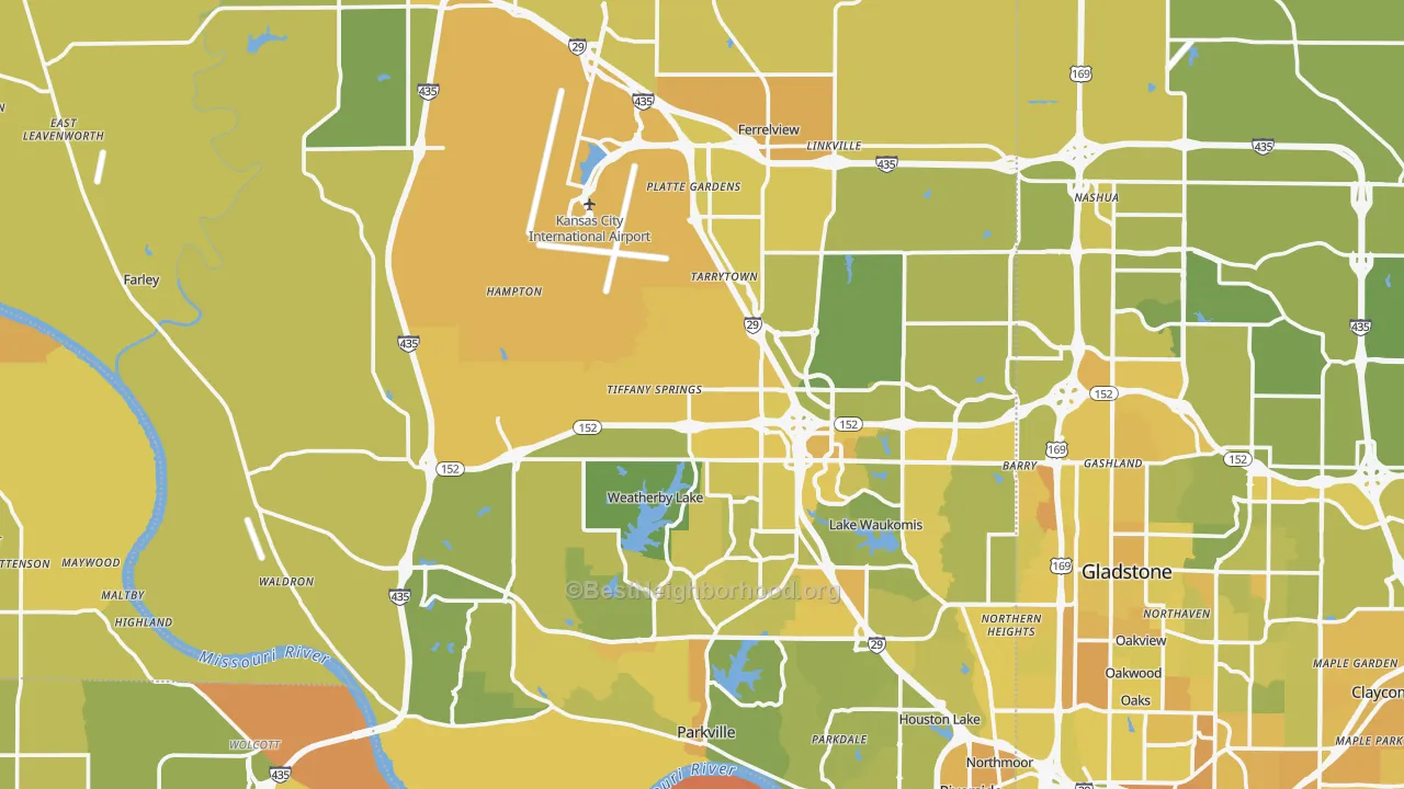 Map of the best neighborhoods in the Platte County area, with better matches in green and worse matches in red