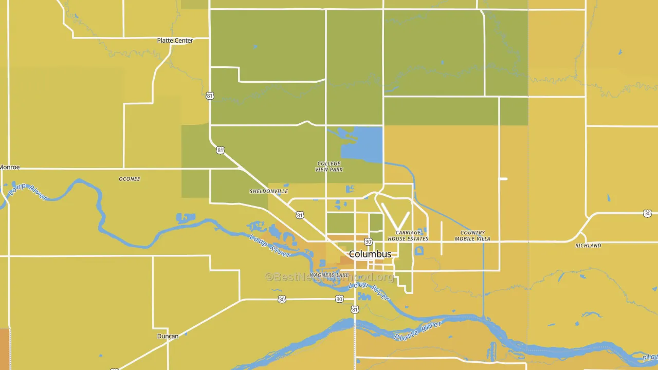 Map of the best neighborhoods in the Platte County area, with better matches in green and worse matches in red