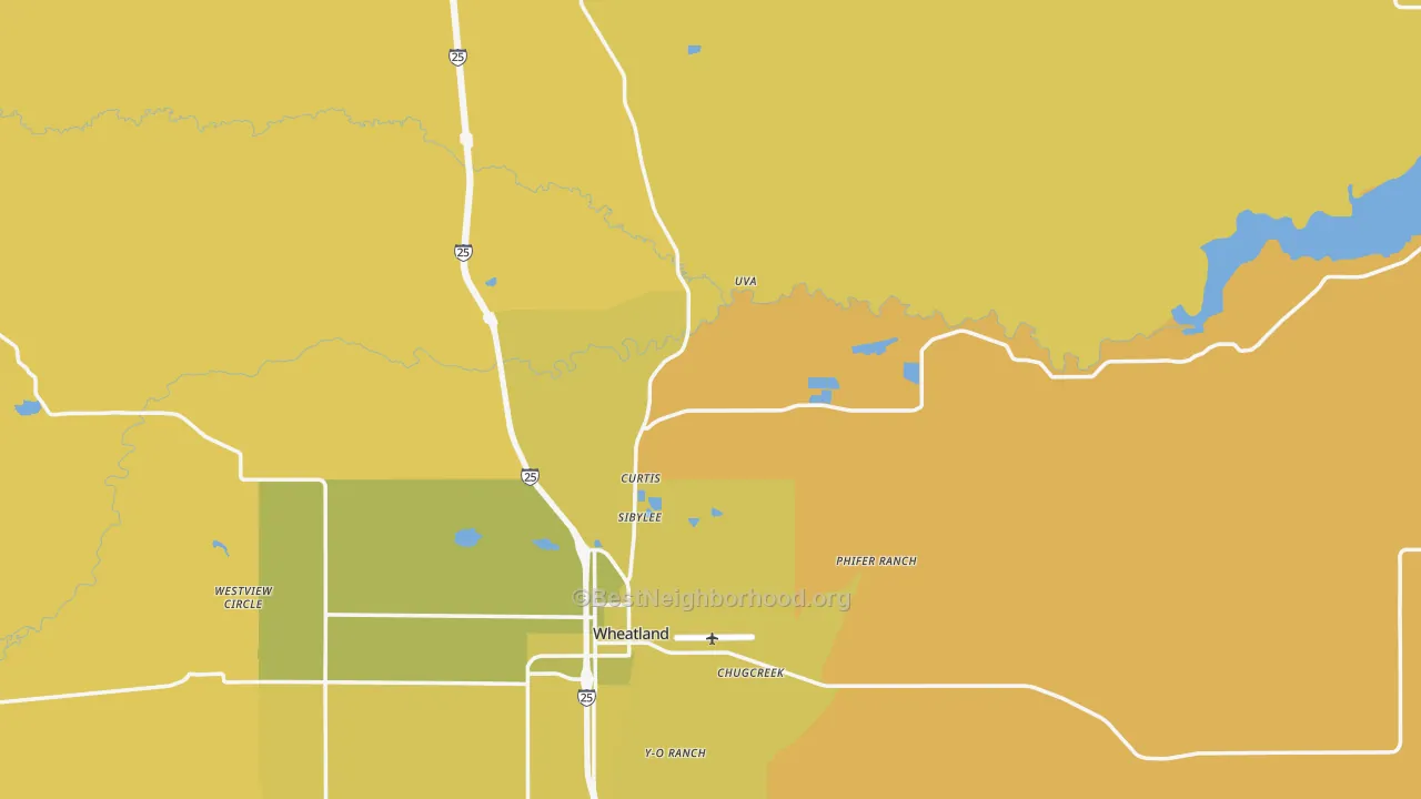 Map of the best neighborhoods in the Platte County area, with better matches in green and worse matches in red