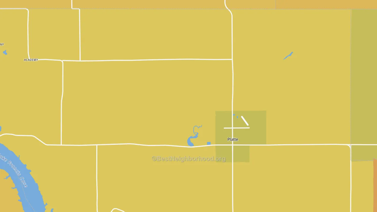 Map of the best neighborhoods in the Platte area, with better matches in green and worse matches in red