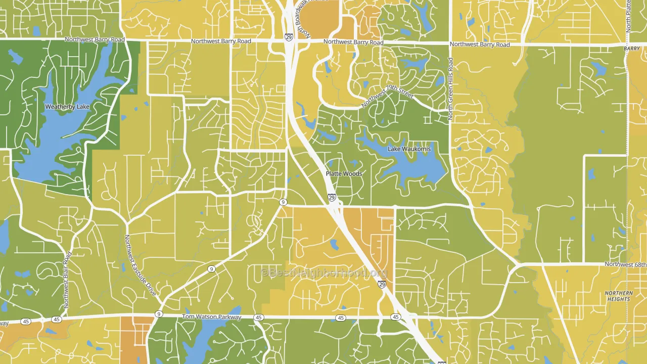 Map of the best neighborhoods in the Platte Woods area, with better matches in green and worse matches in red