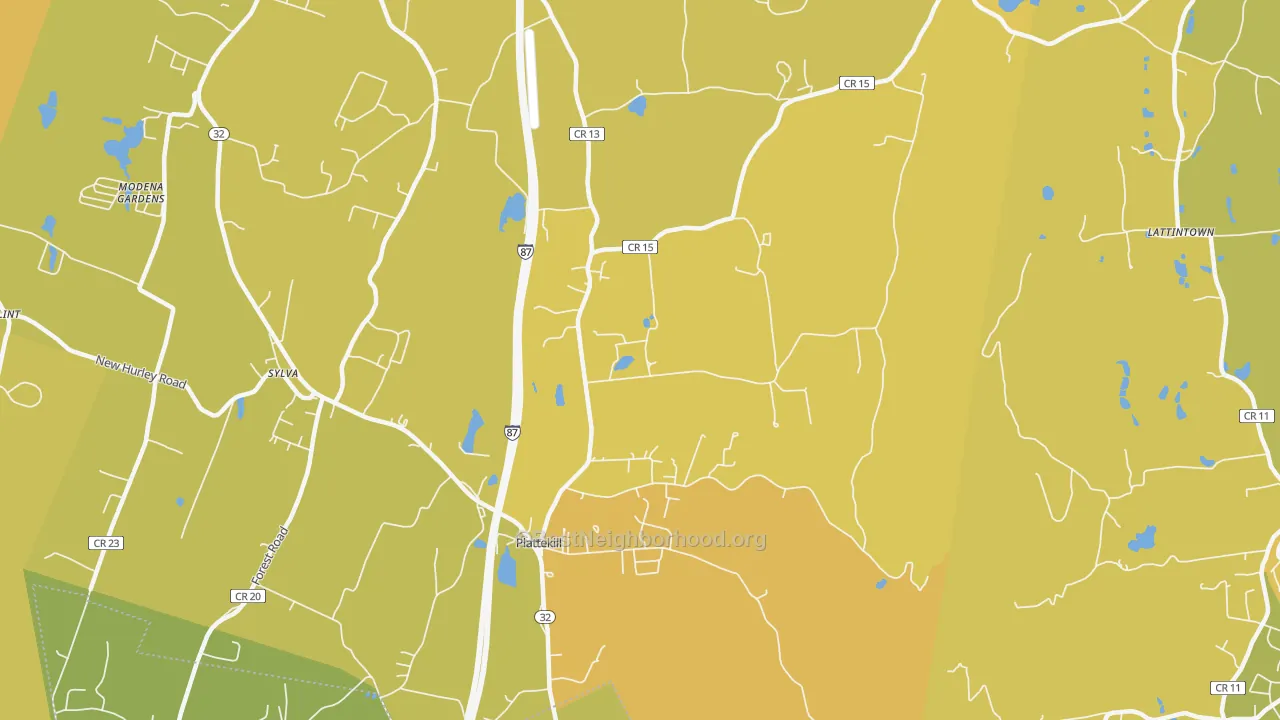 Map of the best neighborhoods in the Plattekill area, with better matches in green and worse matches in red