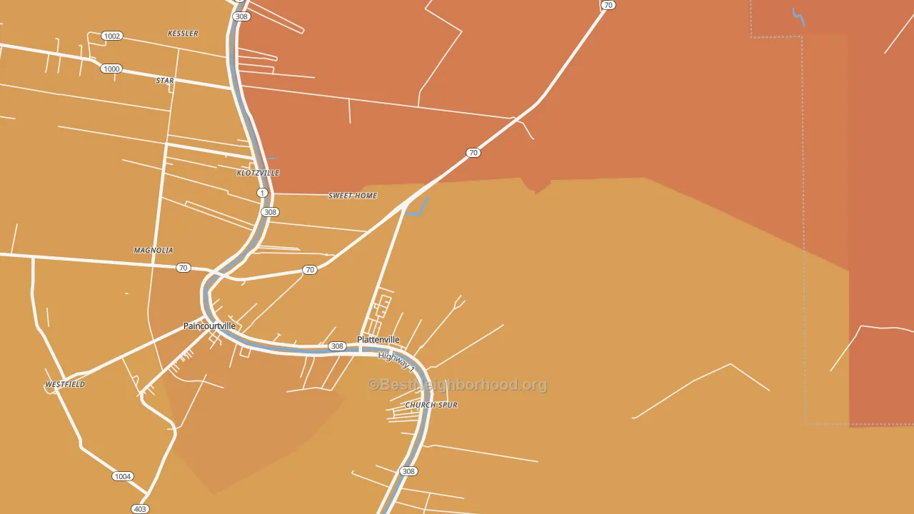 Map of the best neighborhoods in the Plattenville area, with better matches in green and worse matches in red