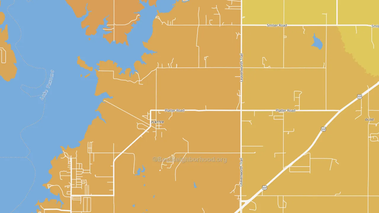 Map of the best neighborhoods in the Platter area, with better matches in green and worse matches in red