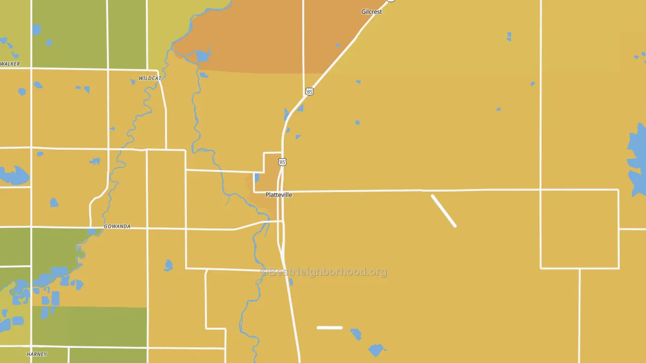 Map of the best neighborhoods in the Platteville area, with better matches in green and worse matches in red