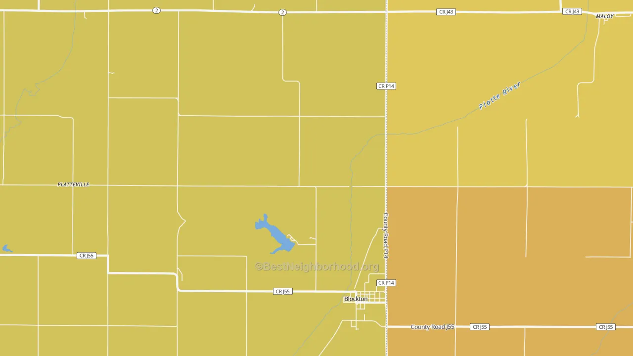 Map of the best neighborhoods in the Platteville area, with better matches in green and worse matches in red