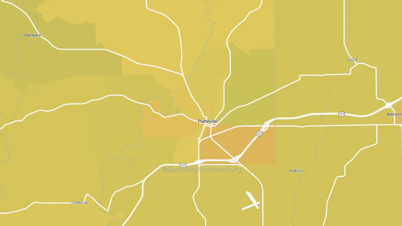 Map of the best neighborhoods in the Platteville area, with better matches in green and worse matches in red