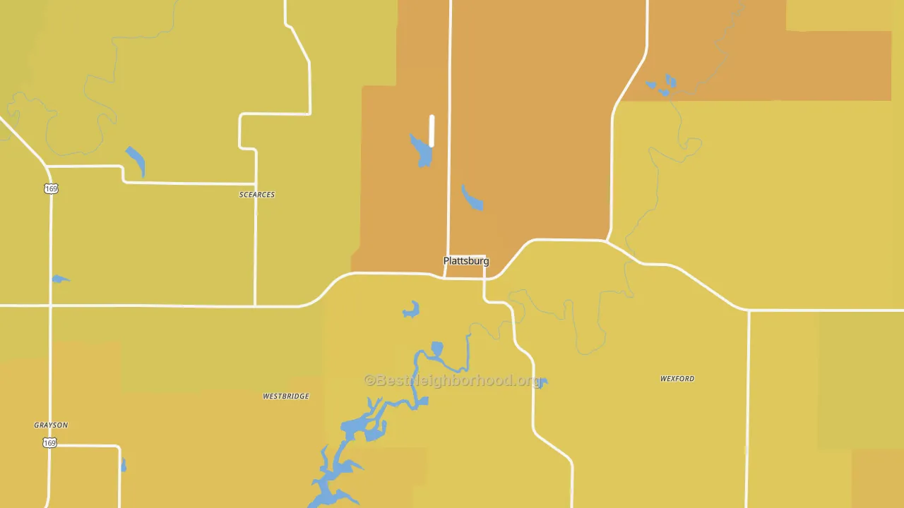 Map of the best neighborhoods in the Plattsburg area, with better matches in green and worse matches in red