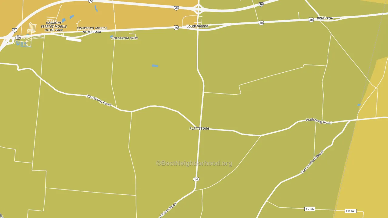 Map of the best neighborhoods in the Plattsburg area, with better matches in green and worse matches in red