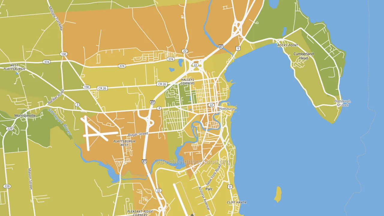 Map of the best neighborhoods in the Plattsburgh area, with better matches in green and worse matches in red