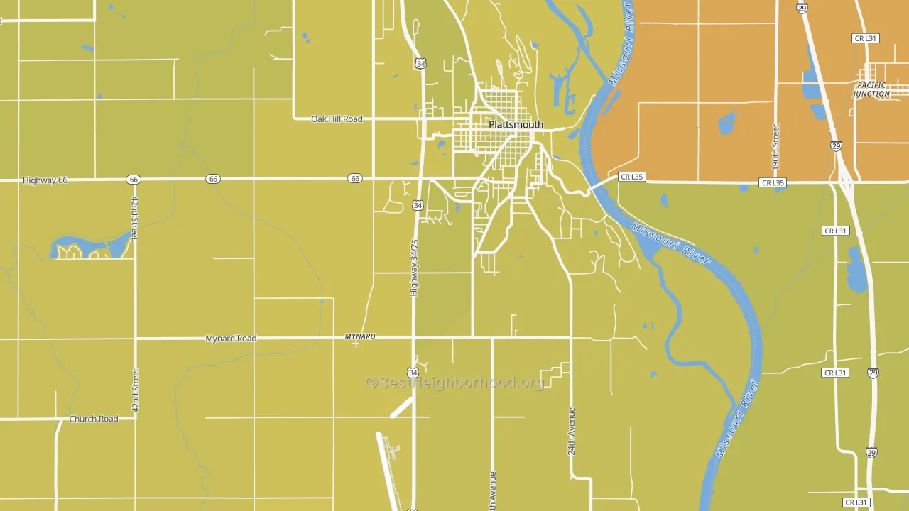 Map of the best neighborhoods in the Plattsmouth area, with better matches in green and worse matches in red