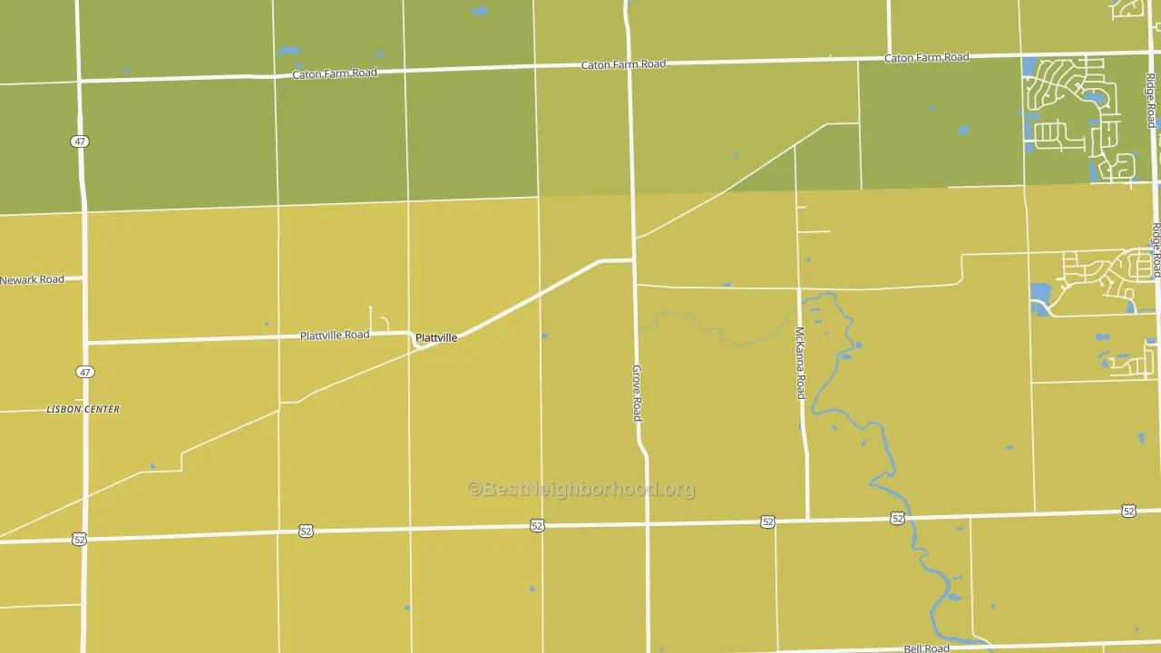 Map of the best neighborhoods in the Plattville area, with better matches in green and worse matches in red