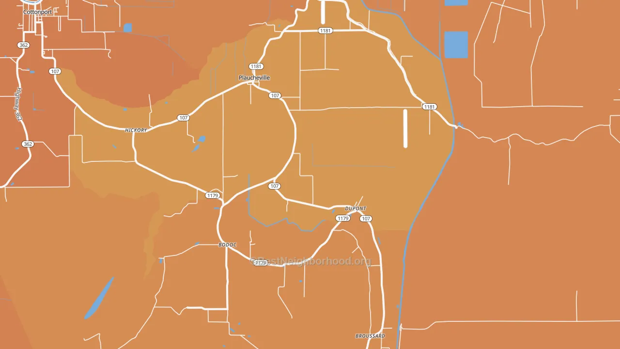 Map of the best neighborhoods in the Plaucheville area, with better matches in green and worse matches in red