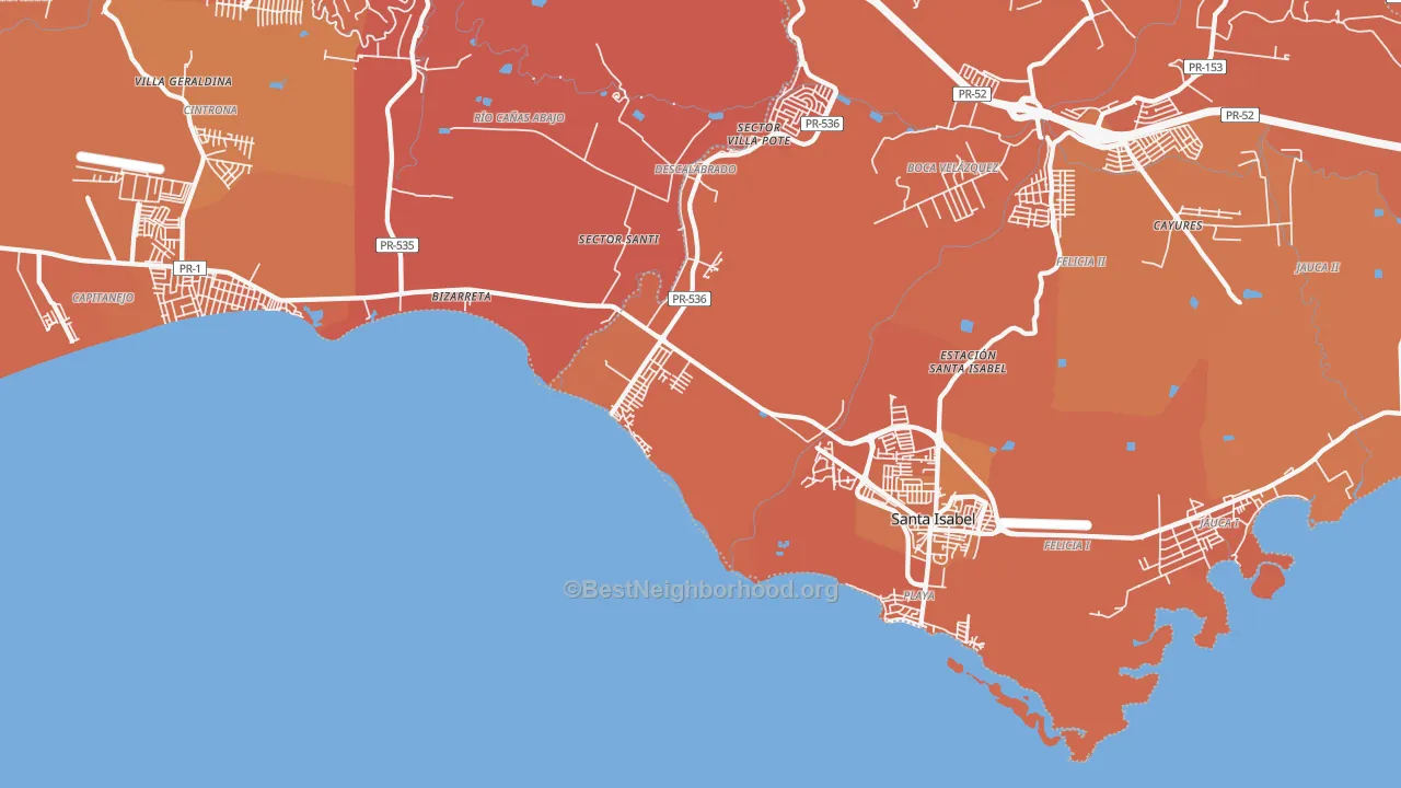 Map of the best neighborhoods in the Playa Cortada area, with better matches in green and worse matches in red