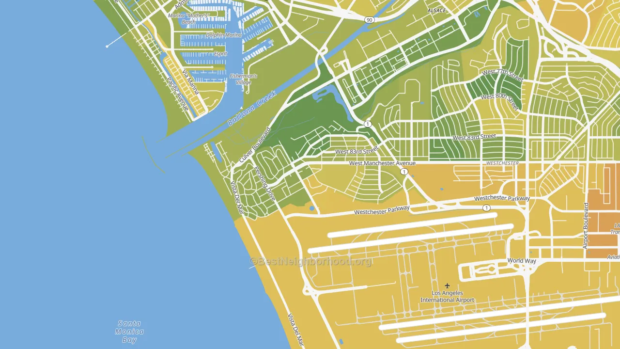 Map of the best neighborhoods in the Playa del Ray, Playa Del Rey area, with better matches in green and worse matches in red