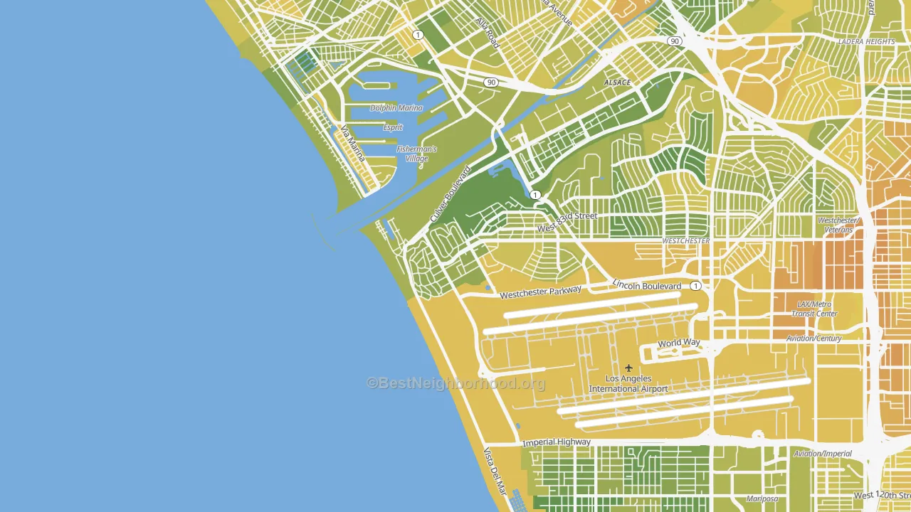 Map of the best neighborhoods in the Playa Del Rey area, with better matches in green and worse matches in red