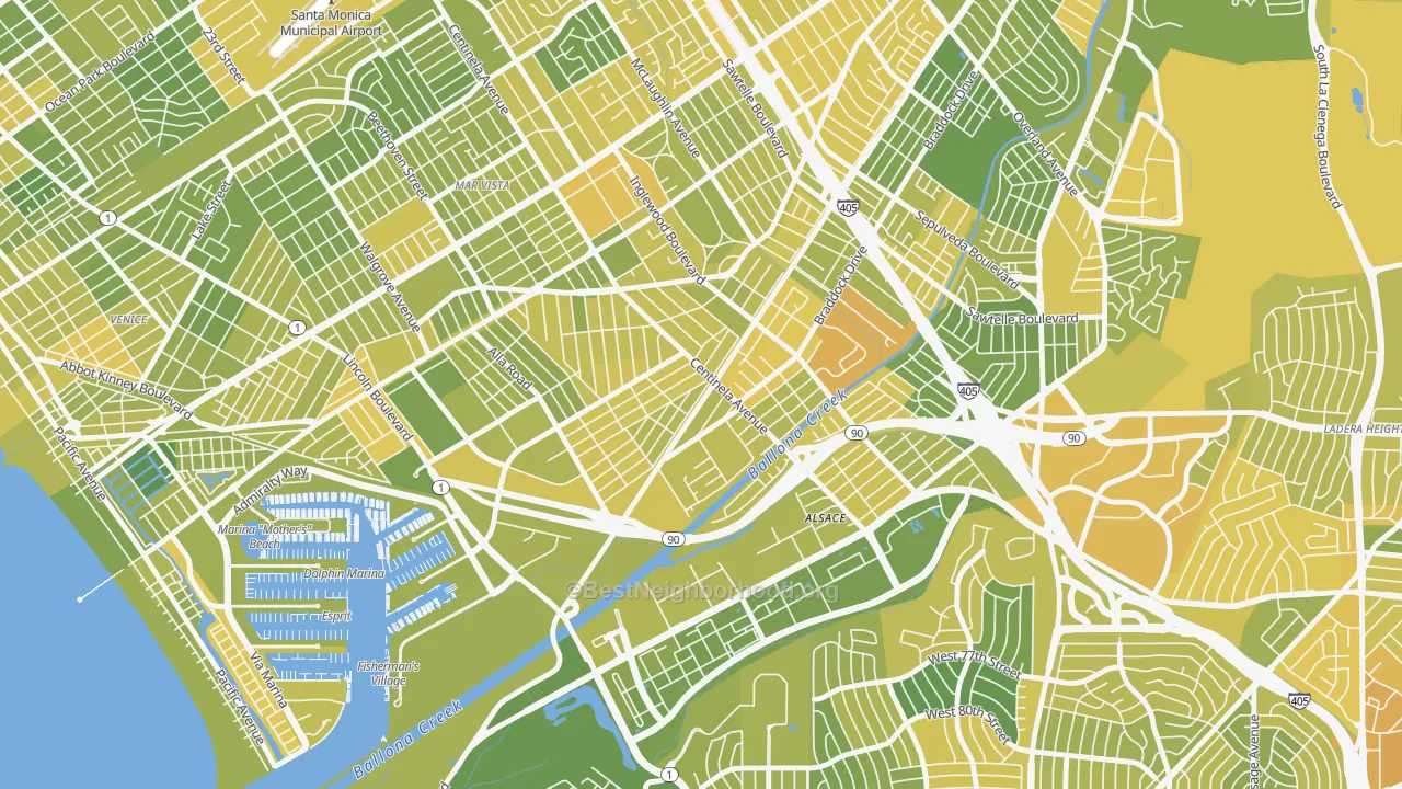 Map of the best neighborhoods in the Playa Vista, Los Angeles area, with better matches in green and worse matches in red