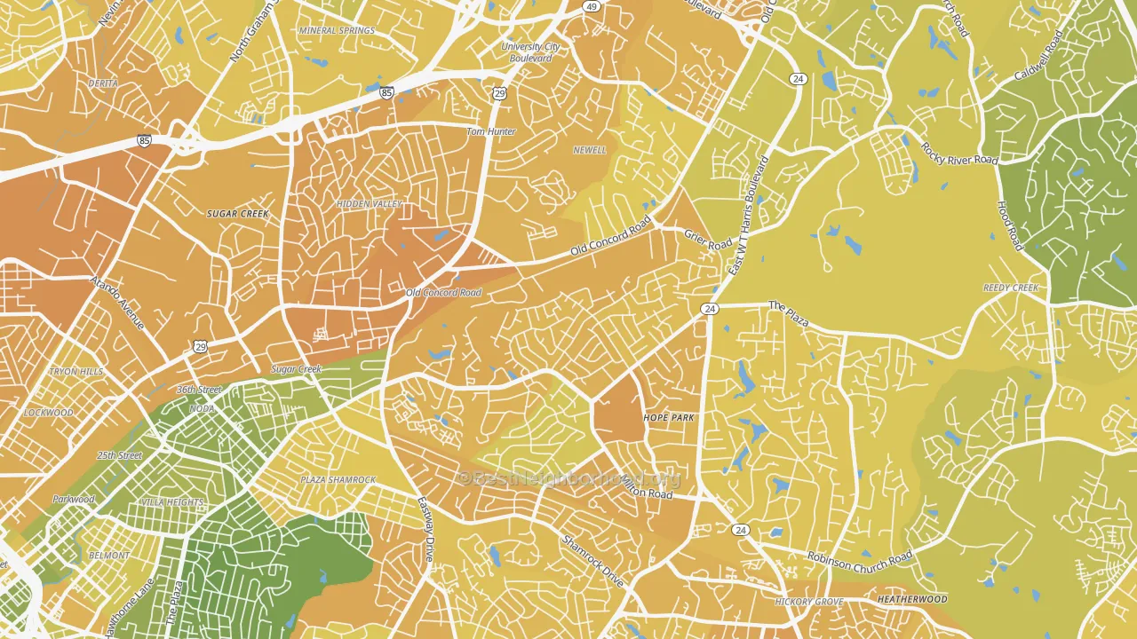 Map of the best neighborhoods in the Plaza-Eastway, Charlotte area, with better matches in green and worse matches in red