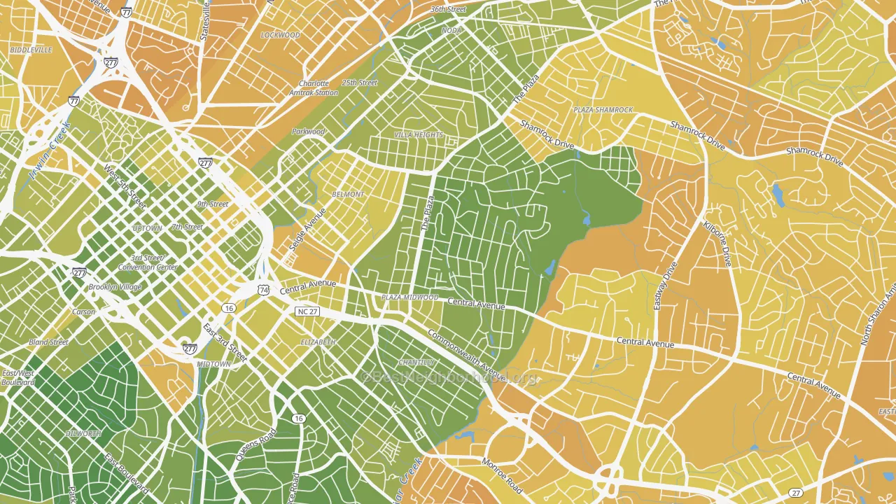 Map of the best neighborhoods in the Plaza Midwood, Charlotte area, with better matches in green and worse matches in red