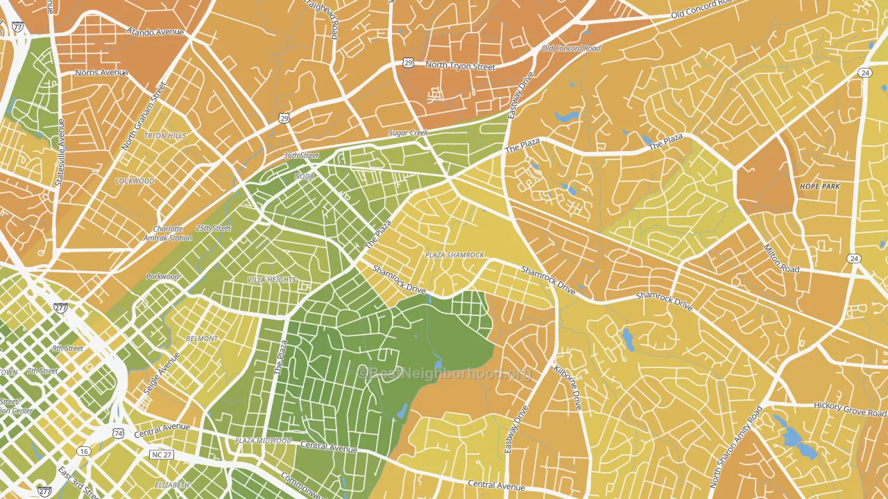 Map of the best neighborhoods in the Plaza-Shamrock, Charlotte area, with better matches in green and worse matches in red