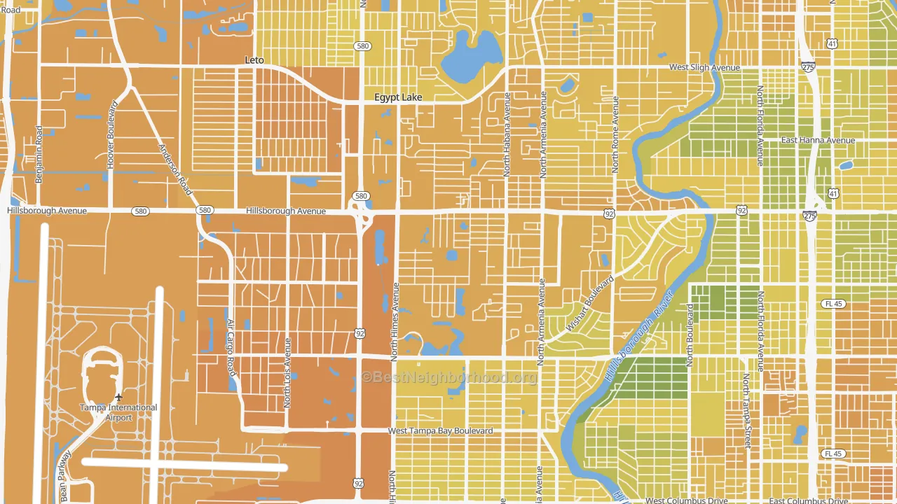 Map of the best neighborhoods in the Plaza Terrace, Tampa area, with better matches in green and worse matches in red