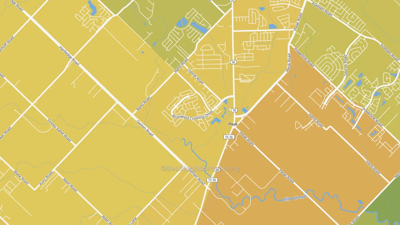 Map of the best neighborhoods in the Pleak area, with better matches in green and worse matches in red
