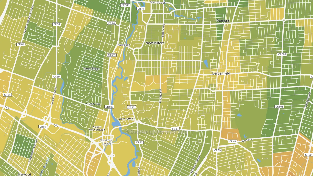 Map of the best neighborhoods in the Pleasant Acres, New Milford area, with better matches in green and worse matches in red