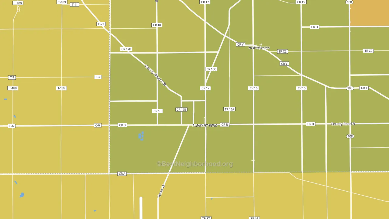 Map of the best neighborhoods in the Pleasant Bend area, with better matches in green and worse matches in red