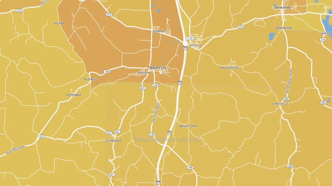 Map of the best neighborhoods in the Pleasant City area, with better matches in green and worse matches in red