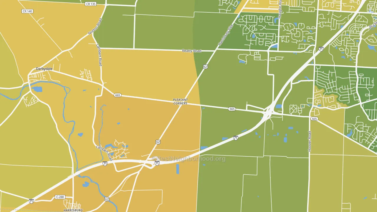 Map of the best neighborhoods in the Pleasant Corners area, with better matches in green and worse matches in red