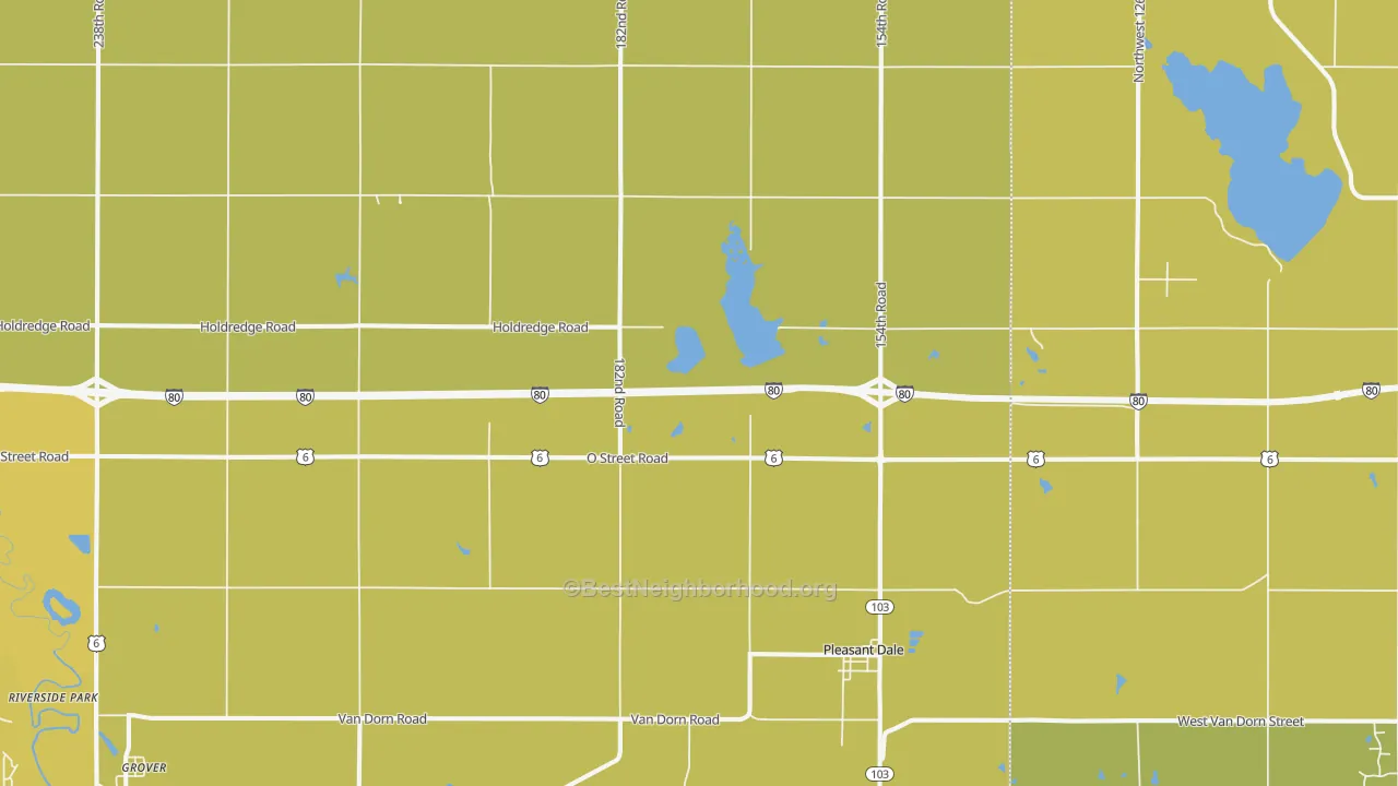 Map of the best neighborhoods in the Pleasant Dale area, with better matches in green and worse matches in red