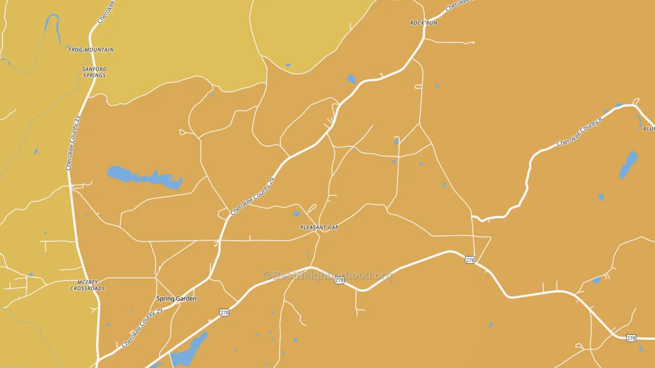 Map of the best neighborhoods in the Pleasant Gap area, with better matches in green and worse matches in red