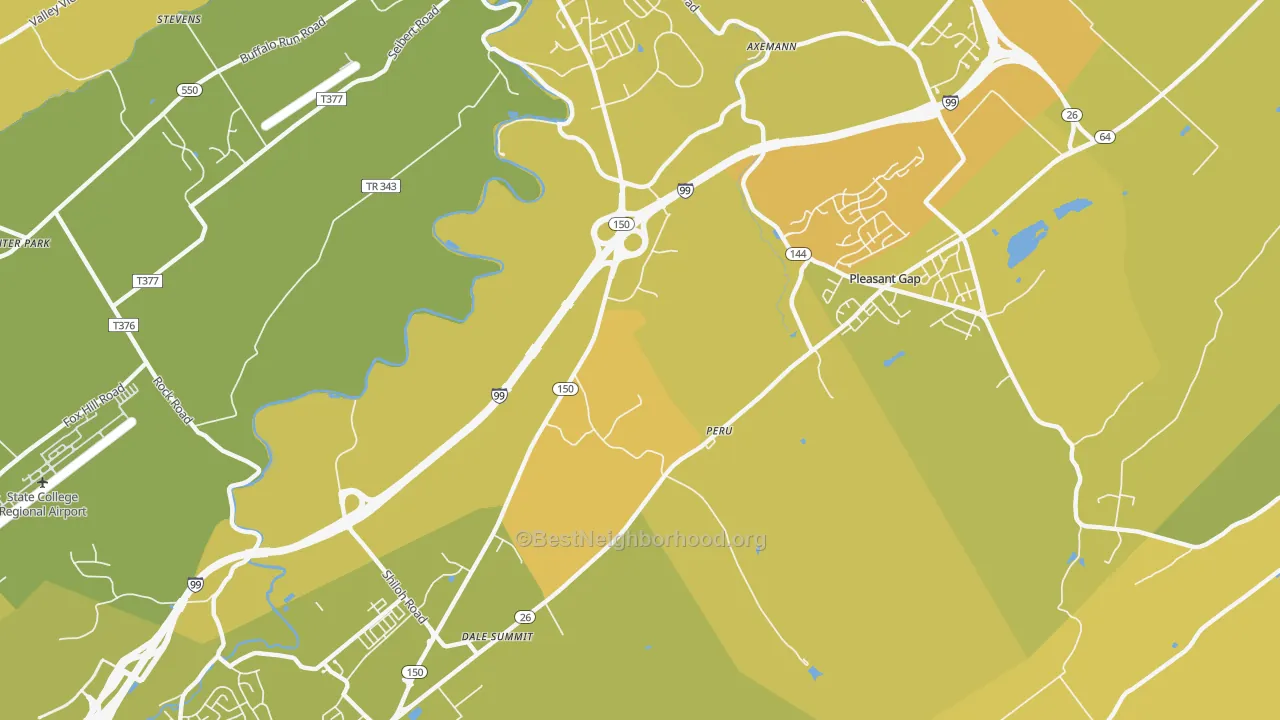 Map of the best neighborhoods in the Pleasant Gap area, with better matches in green and worse matches in red