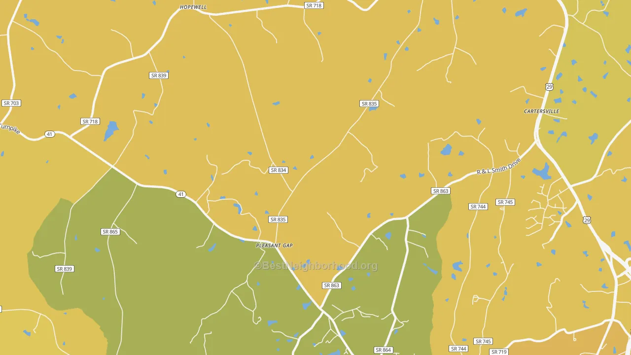 Map of the best neighborhoods in the Pleasant Gap area, with better matches in green and worse matches in red