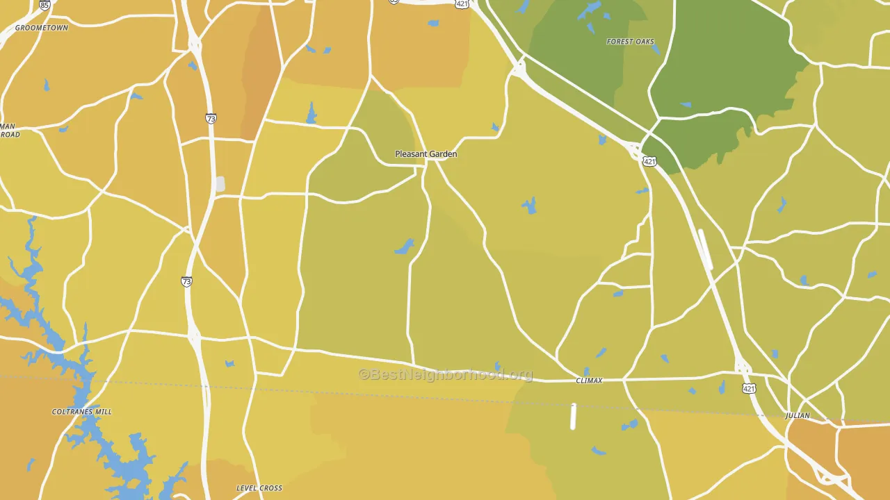 Map of the best neighborhoods in the Pleasant Garden area, with better matches in green and worse matches in red
