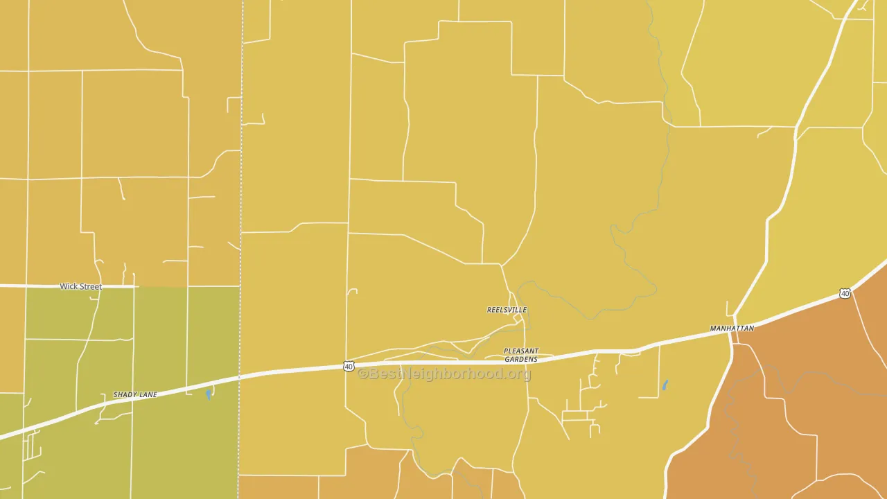 Map of the best neighborhoods in the Pleasant Gardens area, with better matches in green and worse matches in red