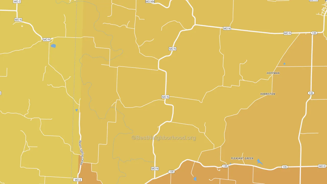 Map of the best neighborhoods in the Pleasant Green area, with better matches in green and worse matches in red