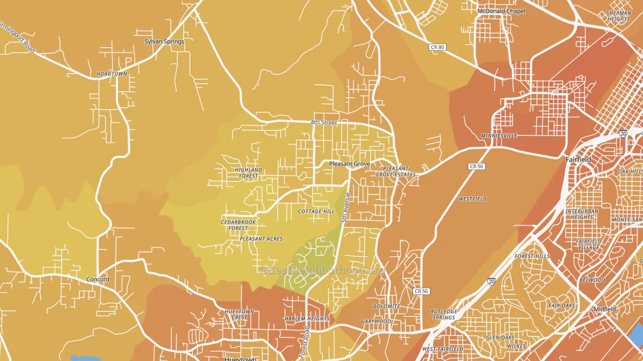 Map of the best neighborhoods in the Pleasant Grove area, with better matches in green and worse matches in red
