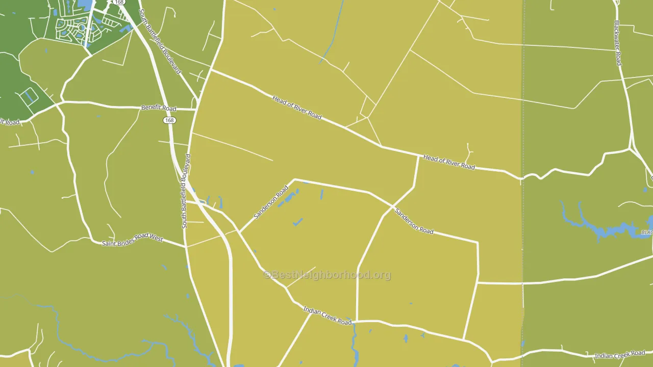 Map of the best neighborhoods in the Pleasant Grove East, Chesapeake area, with better matches in green and worse matches in red