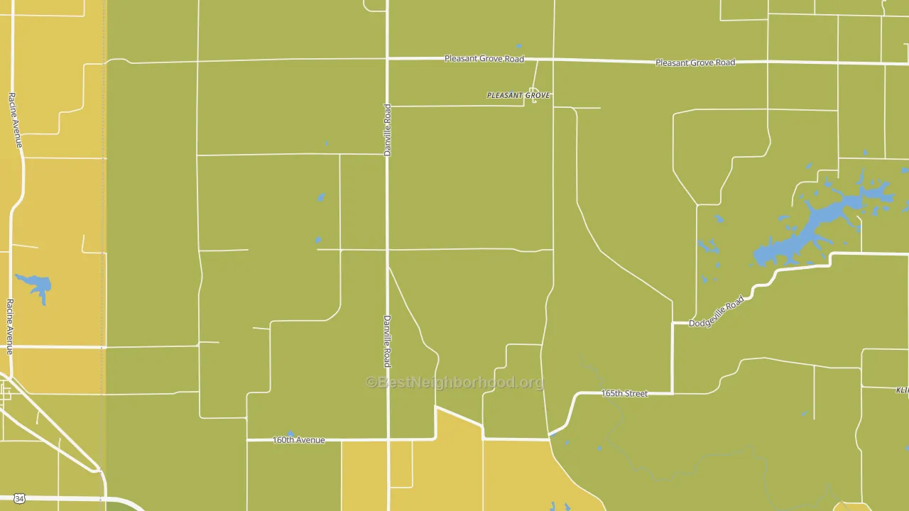 Map of the best neighborhoods in the Pleasant Grove area, with better matches in green and worse matches in red