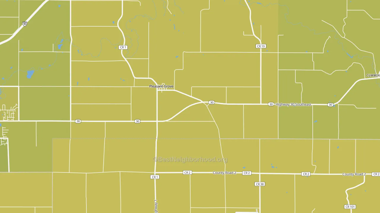Map of the best neighborhoods in the Pleasant Grove area, with better matches in green and worse matches in red