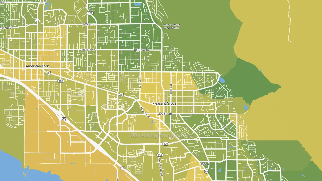 Map of the best neighborhoods in the Pleasant Grove area, with better matches in green and worse matches in red