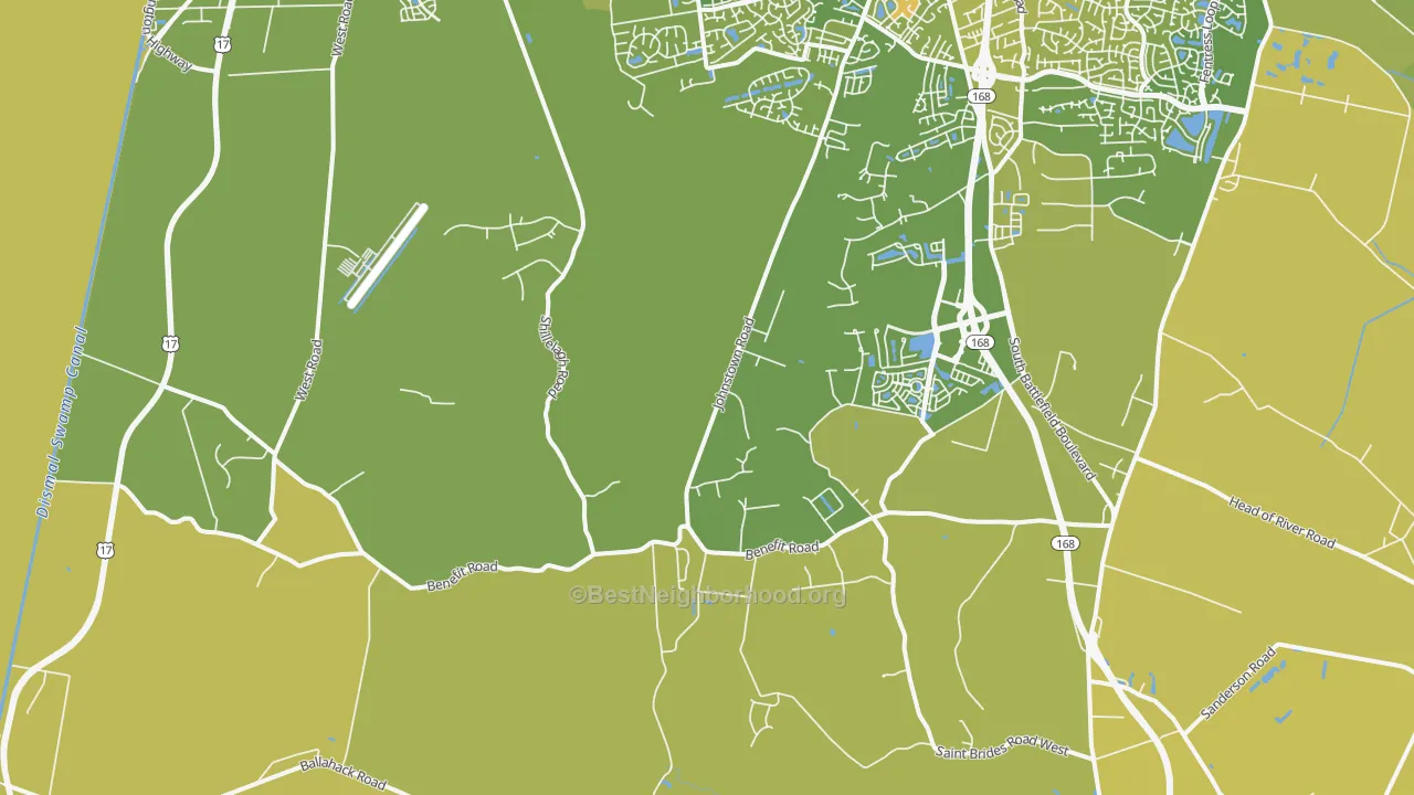 Map of the best neighborhoods in the Pleasant Grove West, Chesapeake area, with better matches in green and worse matches in red