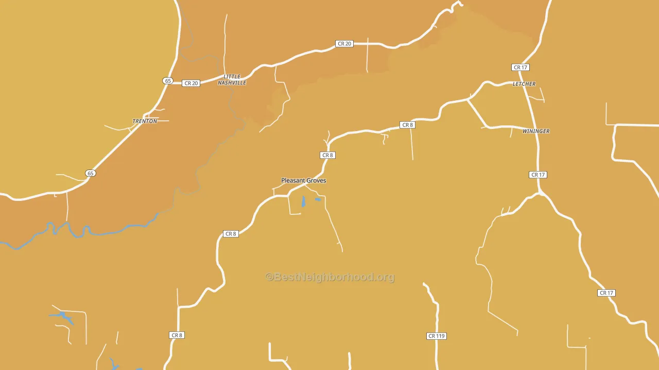 Map of the best neighborhoods in the Pleasant Groves area, with better matches in green and worse matches in red