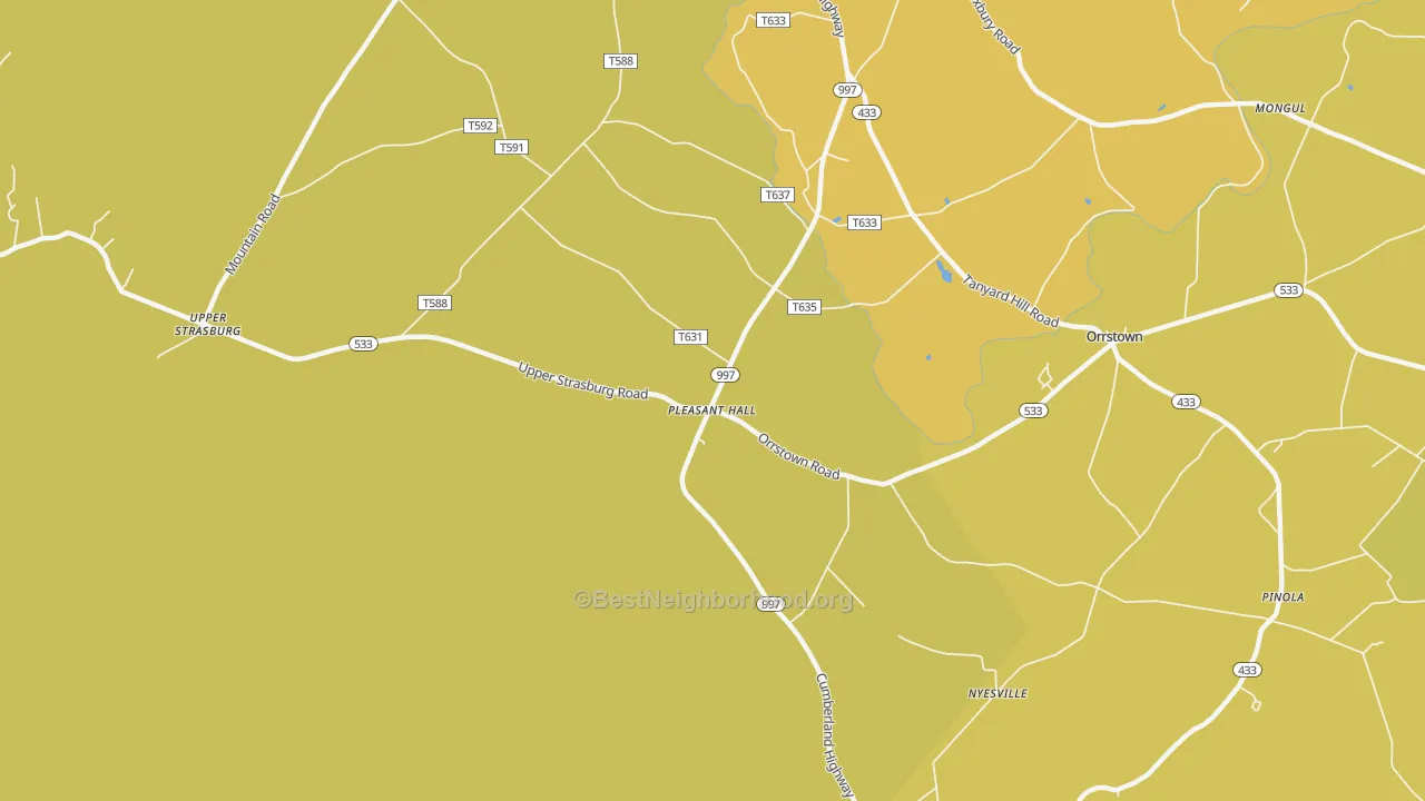 Map of the best neighborhoods in the Pleasant Hall area, with better matches in green and worse matches in red