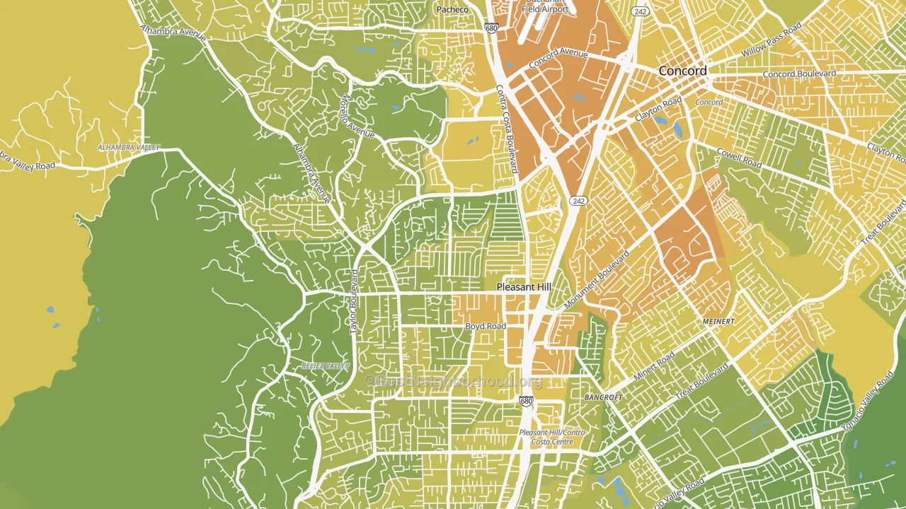 Map of the best neighborhoods in the Pleasant Hill area, with better matches in green and worse matches in red